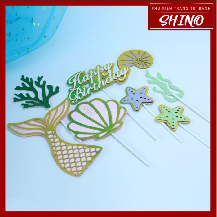 Topper/que cắm đại dương và cá mập trang trí bánh