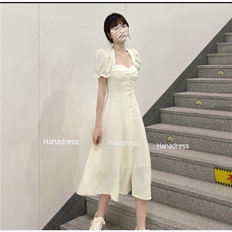 Hanadress _Đầm trắng nút bọc xẻ tà dự tiệc , váy trắng phong cách hàn quốc