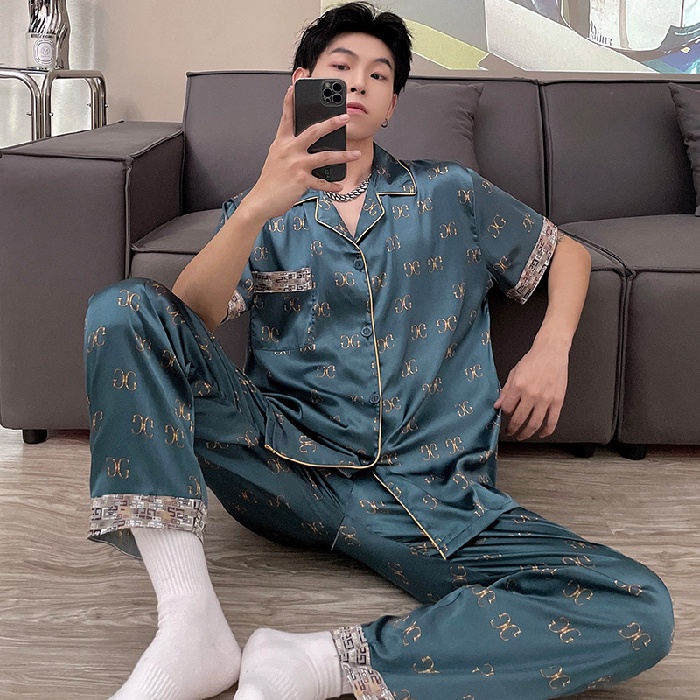 Bộ Đồ Ngủ Lụa Satin Tay Ngắn Dáng Rộng Phong Cách Hàn Quốc Thời Trang Cho Nam Size L-3XL