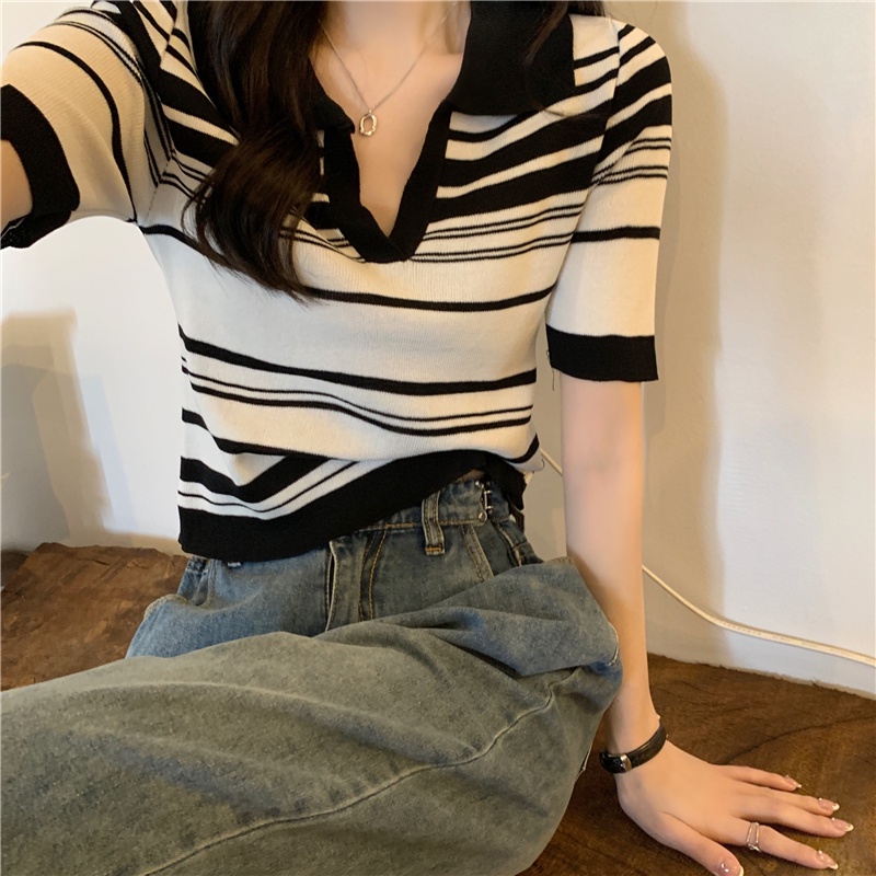Áo thun ZHELIHANGFEI cổ polo tay ngắn họa tiết sọc ngang thời trang dành cho nữ
