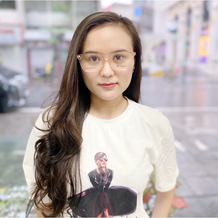 Gọng kính cận thời trang nữ NHUNG HIẾU nhựa Acetate trong bọc lõi kim loại dáng mắt mèo- Lắp mắt kính theo yêu cầu