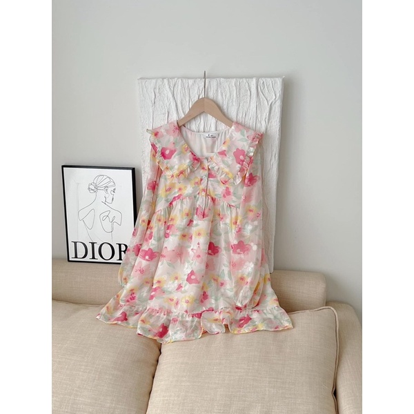 Váy babydoll hoa tơ cổ vuông bèo tay bo