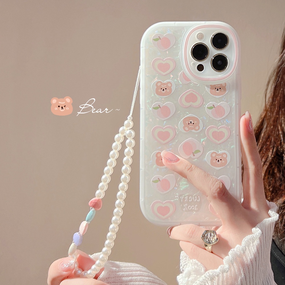 Ốp lưng iphone Ốp Điện Thoại Hình Trái Đào Gấu Đính Ngọc Trai Kèm Dây Đeo Cho Iphone 11 Pro Max XR 13 Pro Max Dinuo case-III