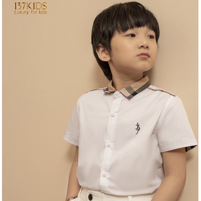 Áo sơ mi burberry 137Kids trắng cộc tay vải cotton thoáng mát cho bé trai