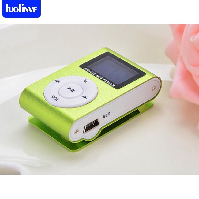 Máy nghe nhạc MP3 mini màu xanh lá có ghim cài với hỗ trợ cổng USB FM Radio màn hình LCD cho thẻ nhớ 32GB Micro SD