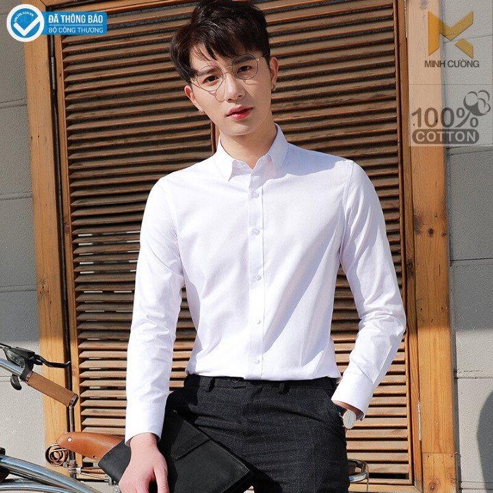 Áo sơ mi nam dài tay Hàn Quốc dáng ôm sơ mi nam trắng cổ bẻ vải lụa thái chống nhăn chống xù - SML