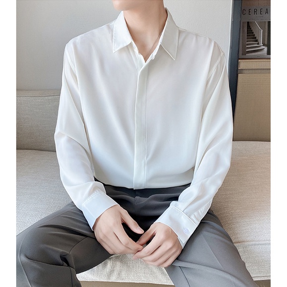 Áo Sơ Mi dài tay nam xuân hè băng lụa ẩn nút phiên bản hàn quốc cao cấp ý nghĩa áo sơ mi công sở xếp nếp giản dị