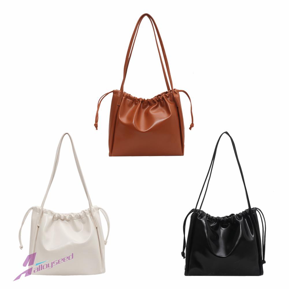 Retro PU Leather Women Underarm Bag Drawstring Solid Color Large Bucket Bag