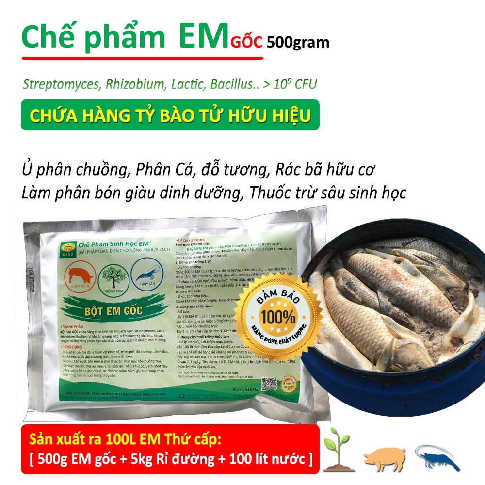 Chế phẩm EM gốc 500g. Men vi sinh ủ phân rác bã hữu cơ làm Phân Bón. Xử lý mùi hôi chuồng trại. Làm sạch ao hồ cá