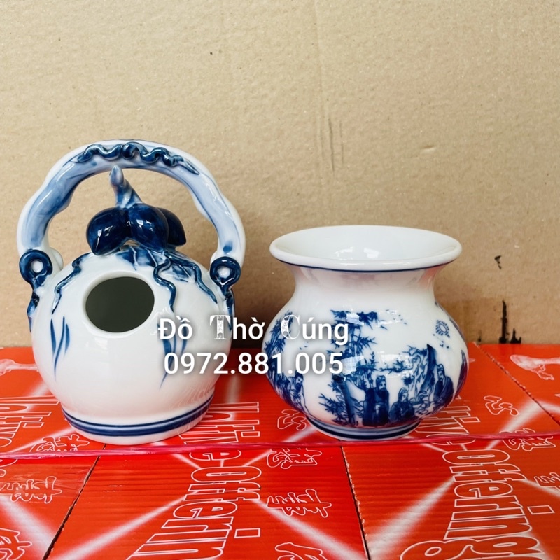 Bình vôi + ống nhổ đẹp Bát Tràng Cao cấp men lam