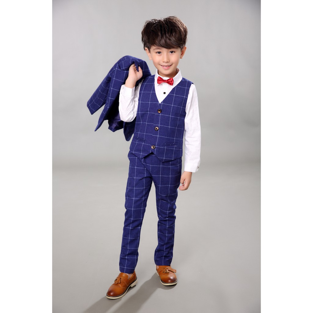 (TẶNG NƠ CÀI CỔ) Set bộ Vest cao cấp 4 chi tiết cho bé trai từ 3 đến 7 tuổi E168