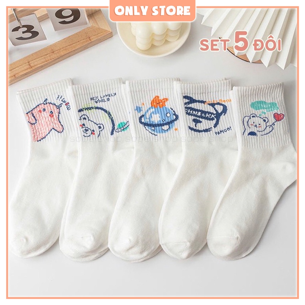 Tất nữ cổ cao vớ trắng chân dài họa tiết cute vải dày thời trang hàn quốc set 5 đôi kèm túi đựng - Only Store