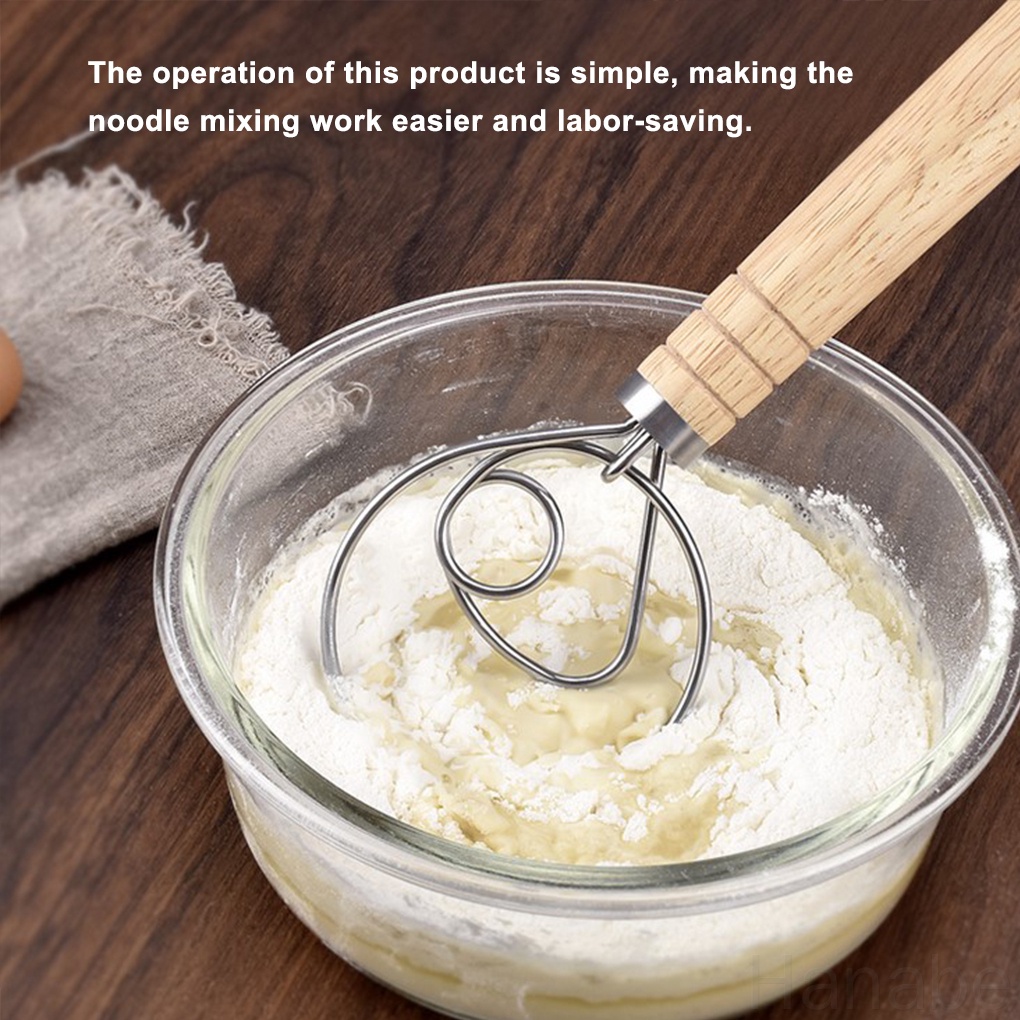 HB-Dough Whisk Wood Handle Stainless Steel Dough Beater Kitchen Baking Mixer Blender, Single Hole