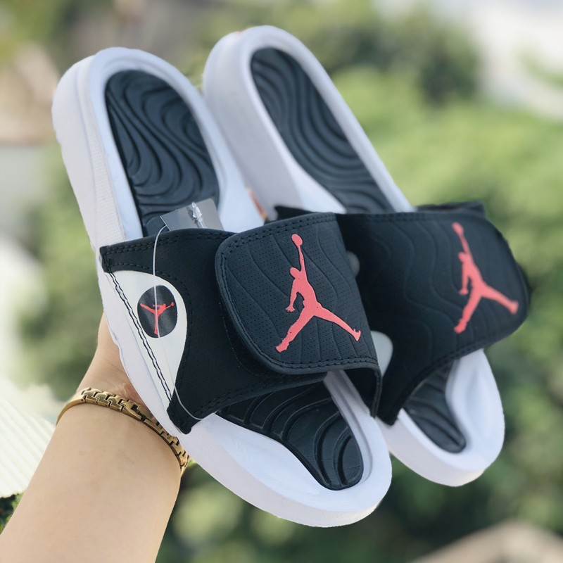 Dép jordan ❤️FREESHIP + HỘP❤️ quai ngang bóng rổ nam nữ jordan JD4 trắng đen logo đỏ có tem mác, bao bì đầy đủ