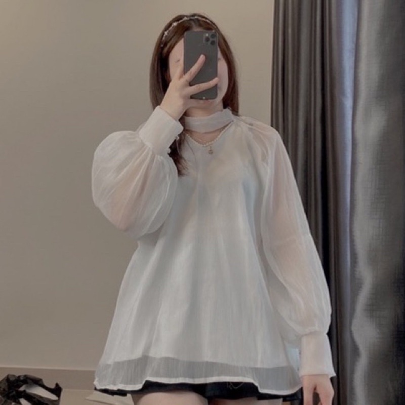 Áo sơ mi cổ V đính ngọc chất voan tơ 2 lớp dày dặn siêu xinh đủ màu