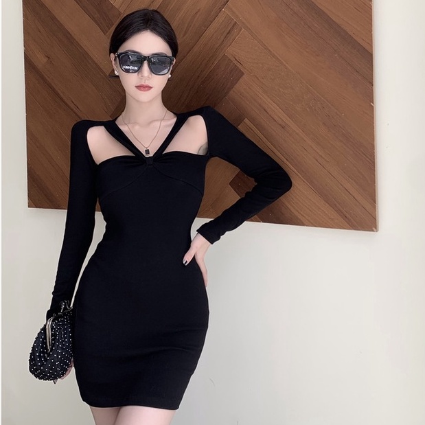 Đầm Đen Dài Tay Ôm Dáng Gợi Cảm Phong Cách Hàn Quốc Dành Cho Nữ
