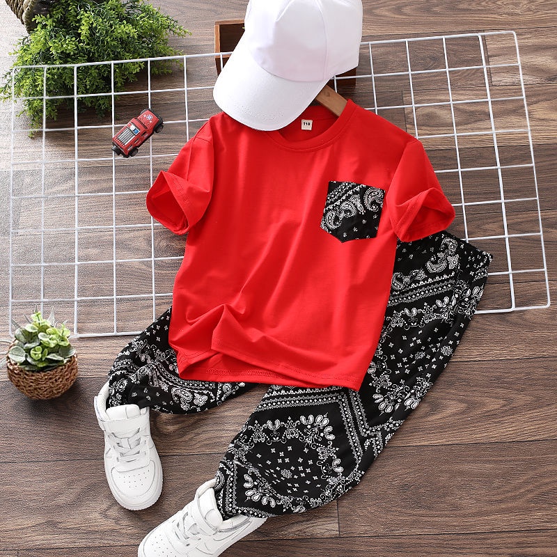 Bộ Áo Thun Ngắn Tay In Hoa + Quần Dài Tới Mắt Cá Chân Dáng Rộng Thời Trang Mùa Hè Cho Bé Trai