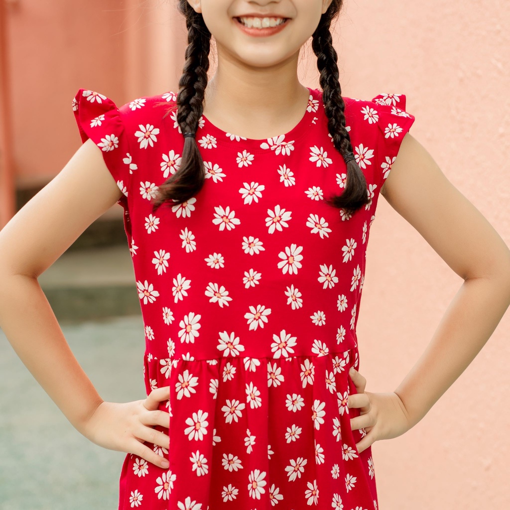 Váy bé gái tay cánh tiên màu đỏ in HOA CÚC, 100% COTTON 4C, 18-40KG, A1