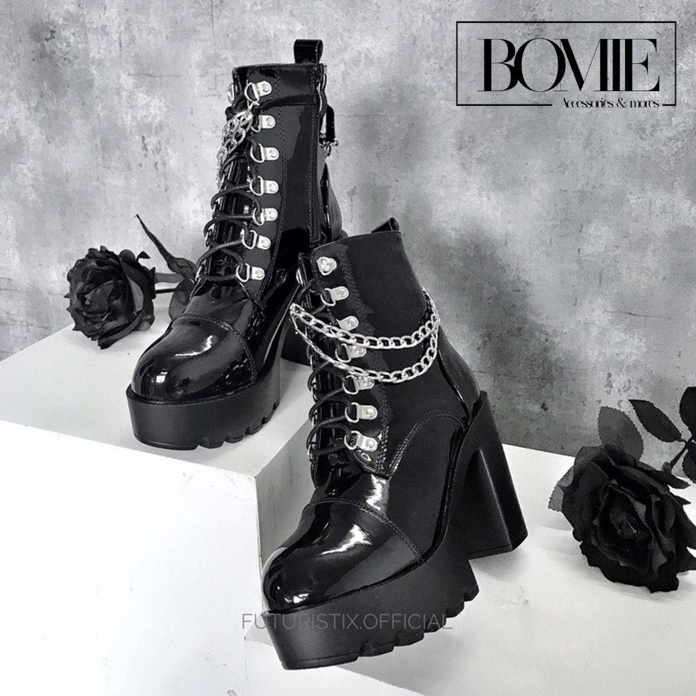 Giày bốt nữ Da Bóng Dây Xích, boot nữ cao gót 12cm tôn dáng nữ tính Bomie - G079