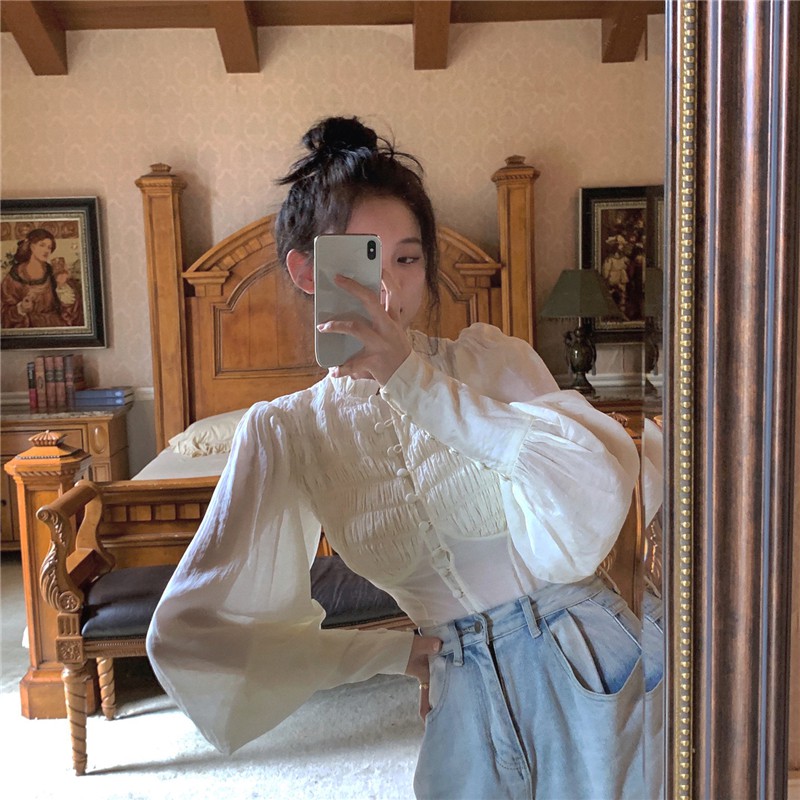 Áo sơ mi tay dài phối bèo nhún phong cách cổ điển kiểu Pháp | BigBuy360 - bigbuy360.vn