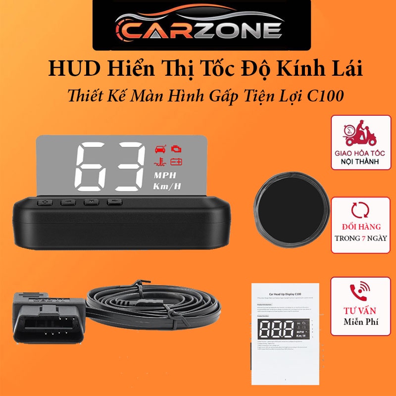 Hud Hiển Thị Tốc Độ Xe Ô Tô Và Cảnh Báo C100 - Tặng Kèm Dây Cable OBD2 , Thiết Kế Màn Hình Gấp Tiện Lợi  CARZONE.TOP