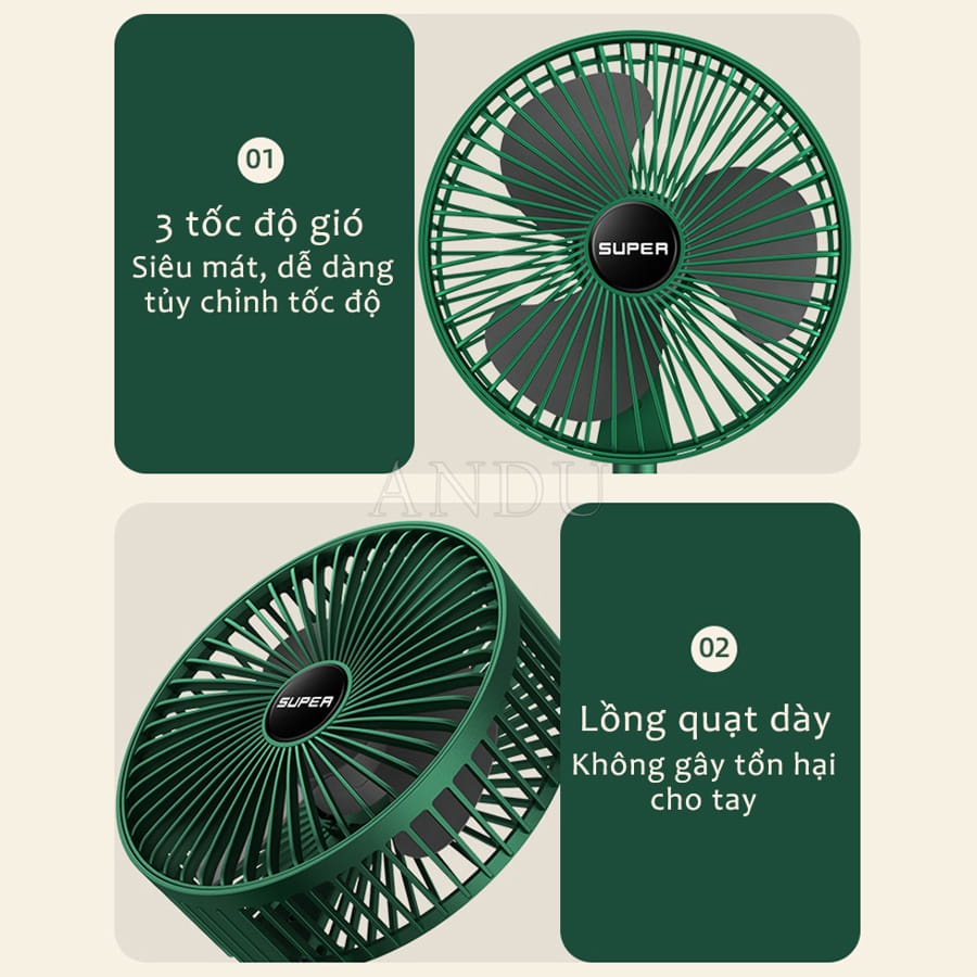 Quạt Tích Điện Để Bàn Gấp Gọn Super Có Thể Điều Chỉnh Độ Cao , 3 Tốc Độ Gió, Cổng Sạc USB Xoay 180 Độ Siêu Tiện Lợi -QB3