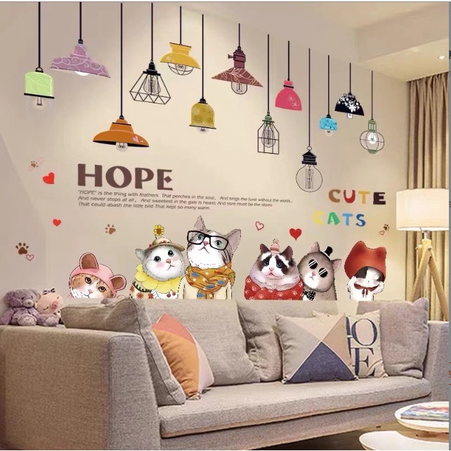 Decal trang trí tường - Những chú mèo dễ thương và rèm bóng đèn hiện đại