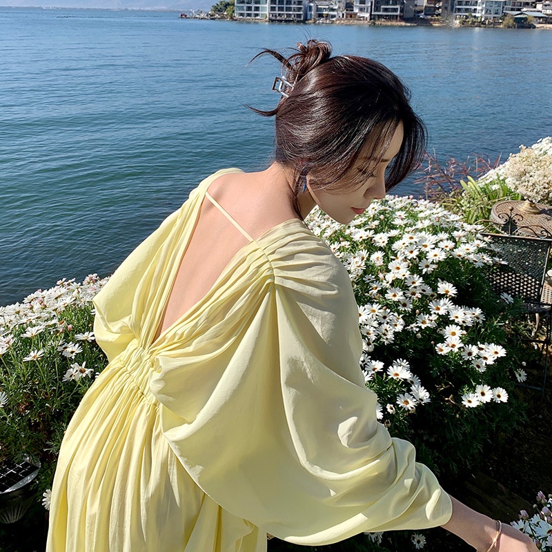 Đầm Dài Tay Màu Vàng Thời Trang Đơn Giản Cho Nữ