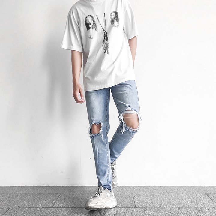 Quần jean nam xanh rách gối - vết rách lớn Quần jean nam skinny Chất jean co giãn [#HT895R] | BigBuy360 - bigbuy360.vn