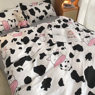 Bộ chăn ga Cotton Chăn ga Hàn Quốc họa tiết bò sữa đen đủ size miễn phí bo chun