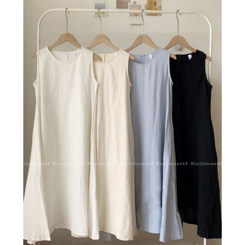 Đầm Suông Sát Nách Chữ A Xòe Rộng Vải Linen - Váy Đũi Trơn Dáng Dài