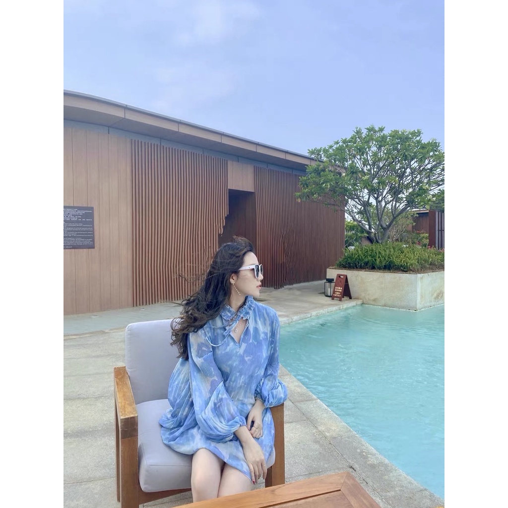 Váy voan xếp ly đèn lồng xanh dương màu hoa loang xòe babydoll điệu đà tiểu thư sang chảnh - Có ảnh thật