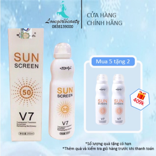 xịt chống nắng trắng da Sun Screen V7 nâng tone chống nước không bết dính kem chống nắng mặt body SPF50+ mua 3H tặng 1H