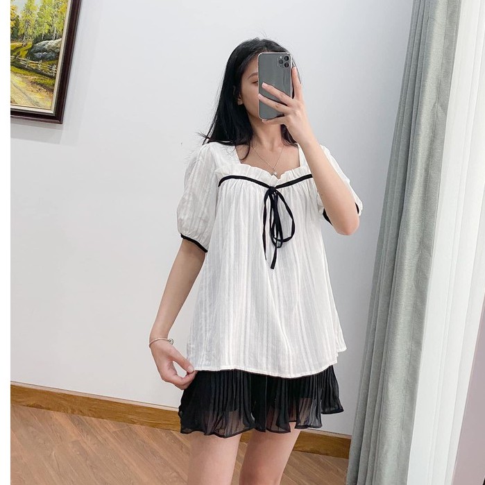 Áo babydoll cổ vuông cánh tiên có dây buộc lơ cổ  hợp với các nàng- Là Nắng