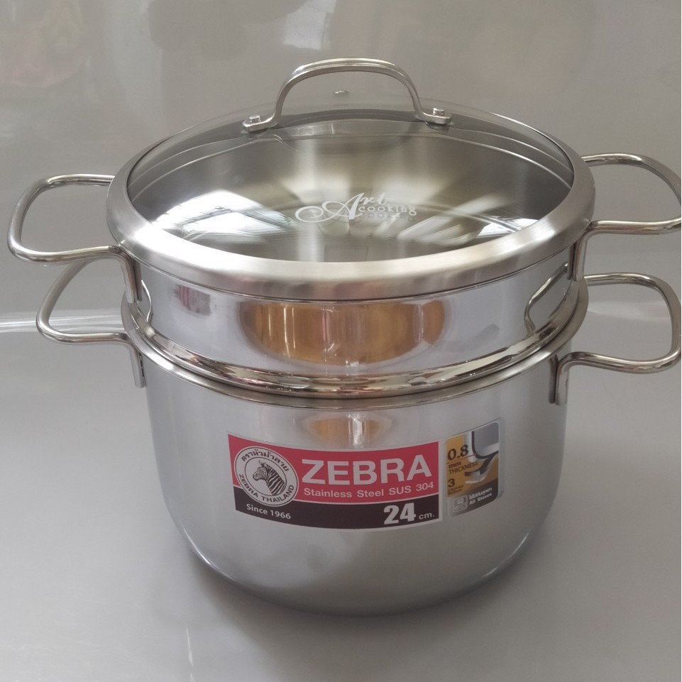 Bộ nồi xửng hấp Zebra inox 304-Thái Lan 24cm-6.2L-3 đáy-163640, nắp kính-tầng hấp cao 10cm