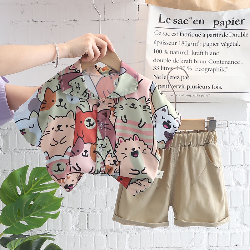 Set Áo Thun Tay Ngắn In Hình Mèo Hoạt Hình + Quần Short Cotton Thời Trang Mùa Hè Cho Bé Size 80-120cm