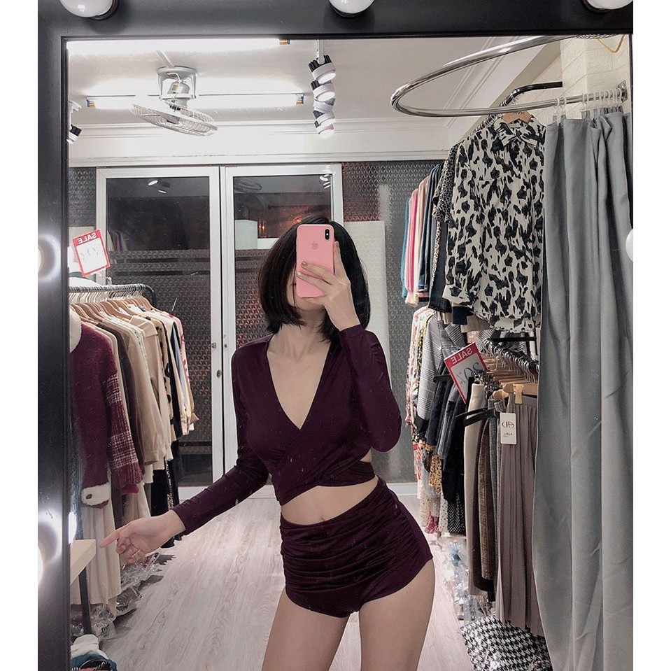 Bikini bộ bơi đồ bơi đi biển tay dài quần nhún lưng cao kín đáo che khuyết điểm (màu nho) EVA shop TDDCT