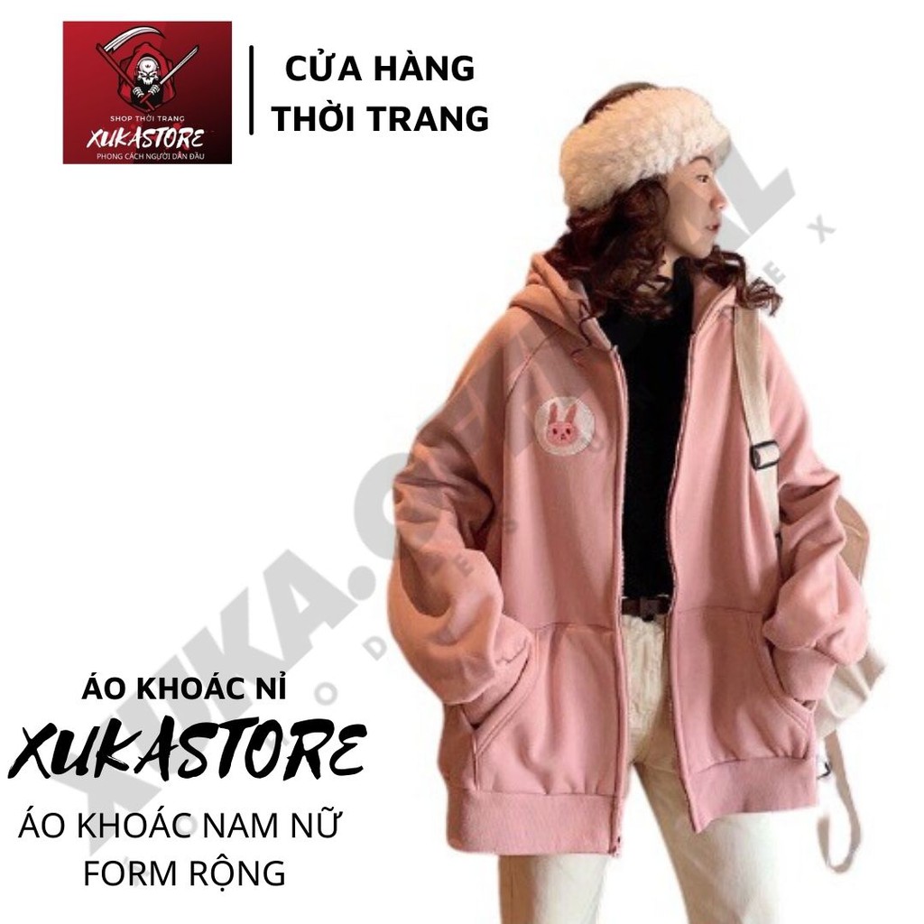 Áo khoác nỉ hoodie XUKASTORE Có Dây Kéo In Hình Logo Thỏ, dùng để chống nắng phong cách Unisex có 4 màu form rộng