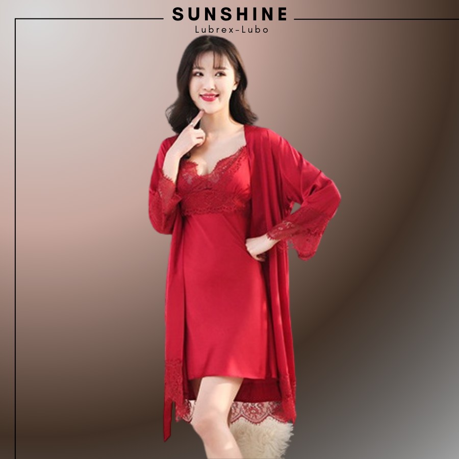 Váy Ngủ Lụa Kèm Áo Choàng Ngủ Lụa Cao Cấp CÓ MÚT NGỰC MÀU ĐỎ SUNSHINE MNT560