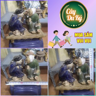 Bộ 2 tượng cụ ông & cụ bà ngồi uống trà gốm sứ Bát Tràng-23x20x15 cm làm mô hình trang trí tiểu cảnh, trang trí bể cá