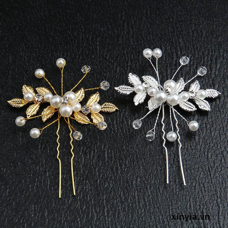 Trâm Cài Tóc Hình Chữ U Họa Tiết Lá Cây Đính Ngọc Trai Thời Trang Cho Cô Dâu