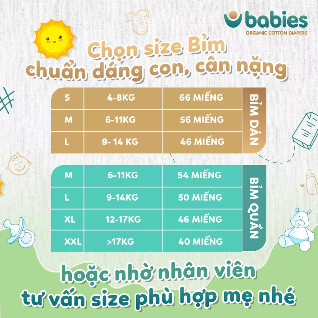 [Kèm quà tặng]Combo 02 bịch Tã/Bỉm dán/quần Babies Organic size S66/M56/M54/L46/L50/XL46/XXL40