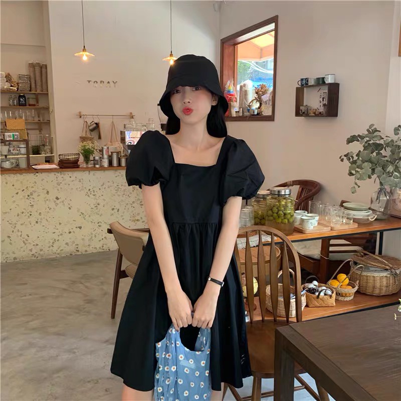 váy đầm xoè dự tiệc, váy ulzzang màu đen tay phồng xixeoshop - V4