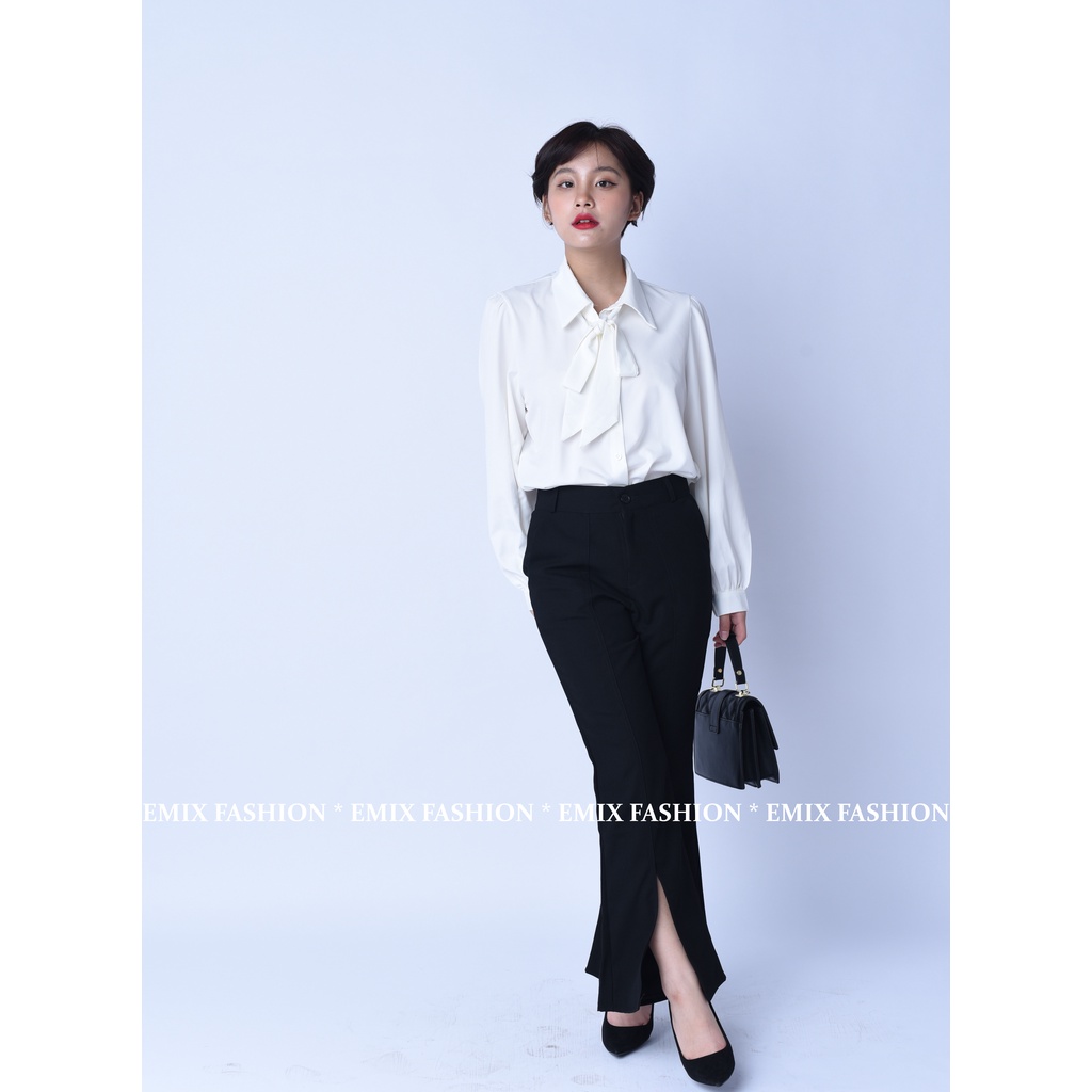 Quần tây nữ ống loe xẻ trước EMIX (màu đen), basic trousers, dáng dài, cạp thấp, ống ôm và loe, chất tuytxi đẹp 20266