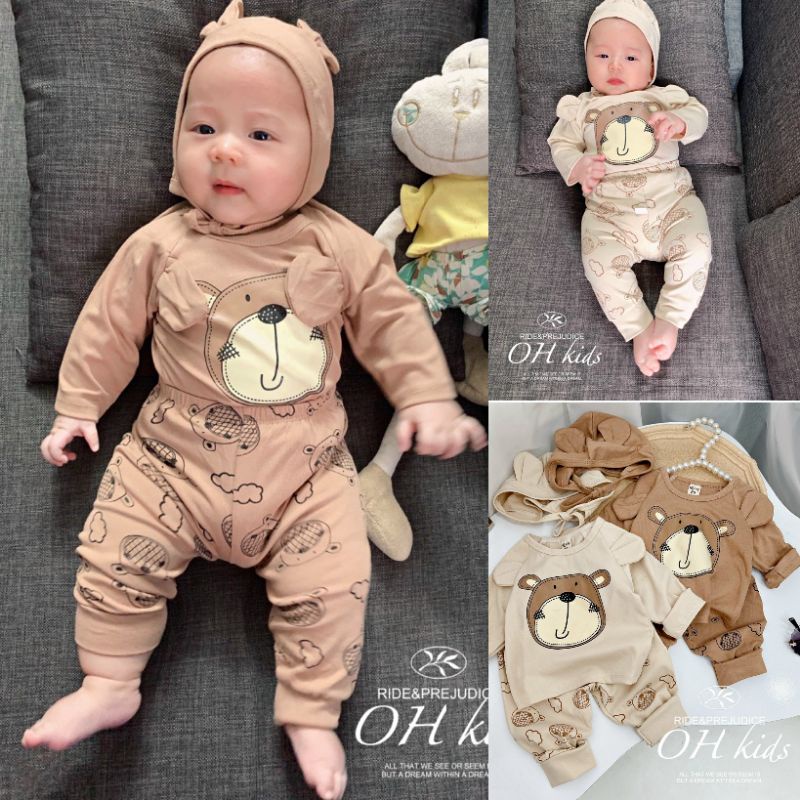 Bộ Quần Áo Dài Tay Chất Cotton Len Hình Gấu Cho Bé Trai Bé gái