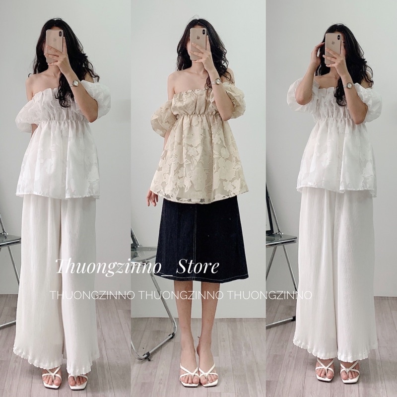 [Ảnh thật/Video]Áo Trễ Vai Laika In Hoa Dập Nổi Áo Ống Chiết Eo Hàng Quảng Châu Siêu Đẹp