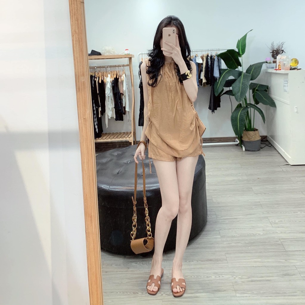 Set đồ nữ vải đũi, Set bộ đũi sát nách rút eo, quần đùi 3 màu trắng, xanh, nâu