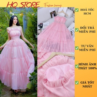 Đầm maxi đi biển voan tơ dập li 2s, váy đính đá bo eo lót trong có mút dáng dài kèm hình thật - maxi hq store