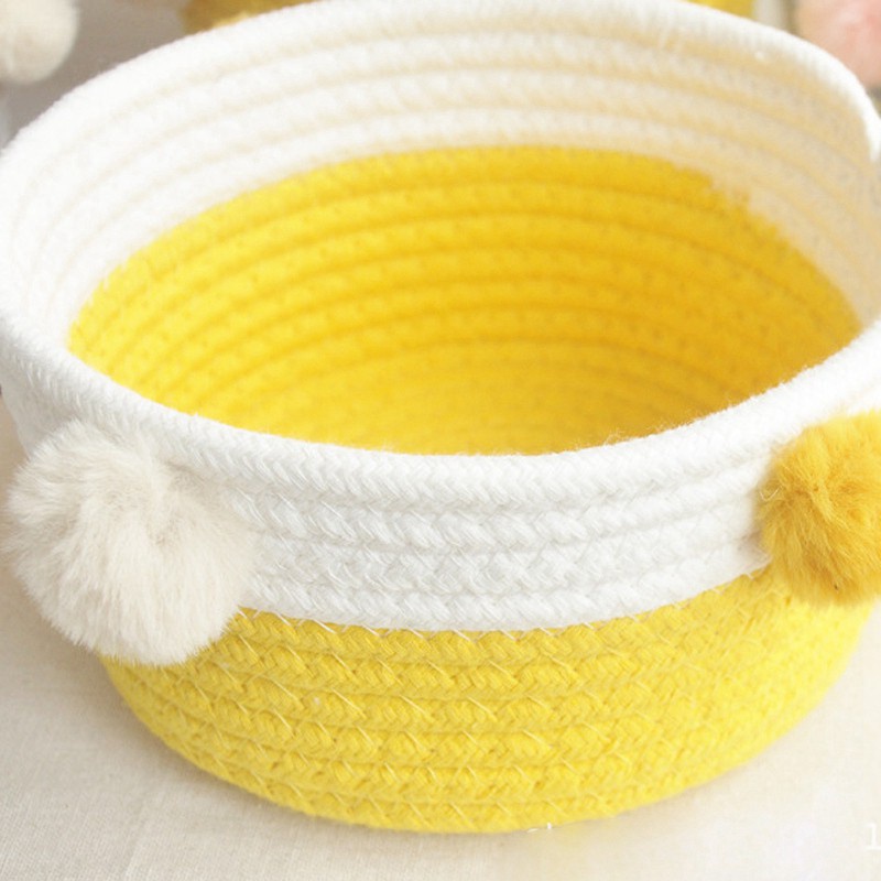 2x Cotton Woven Basket Clothing Magazine Desktop Storage Basket Remote Control Snack Storage Gray+White & Yellow+White