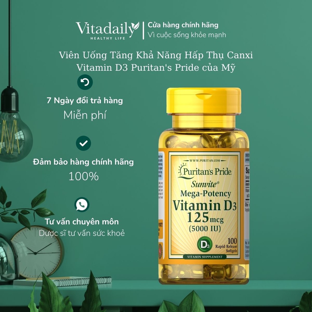 Viên Uống Tăng Cường Hấp Thu Canxi Vitamin D3 1000 IU 100 Viên Puritan's Pride